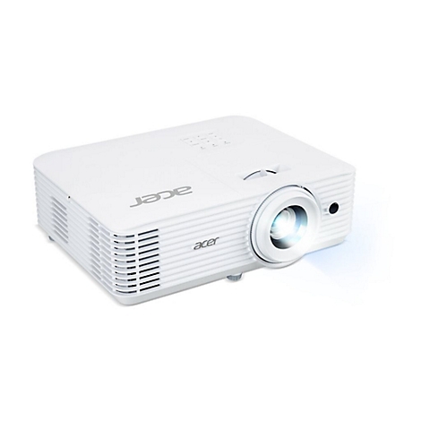 Ein weißer Acer Beamer vor neutralem Hintergrund mit leuchtendem Objektiv.