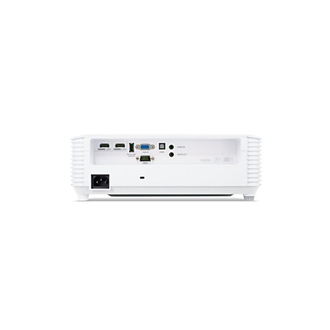 Rückseite eines weißen Projektors mit verschiedenen Anschlüssen wie HDMI, VGA und Audio.