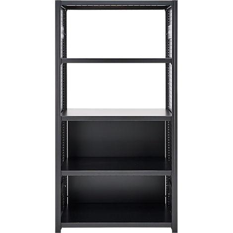 Donkere metalen plank, vier niveaus, leeg, grijze achtergrond.