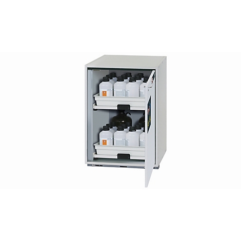 White cabinet with open door filled with bottles on shelves. Each bottle has a label.