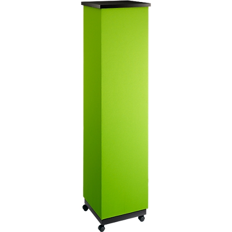 A green, rectangular presentation stand with wheels, a black base, and a lid.
