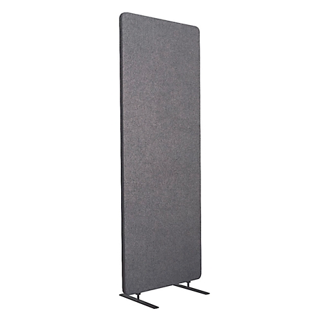 Grey, freestanding partition with rectangular shape. It stands on two black feet.
