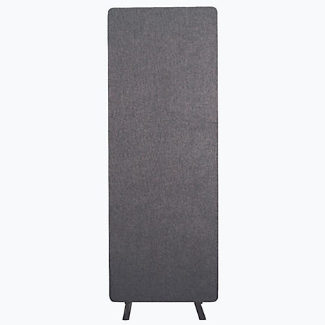 Gray, rectangular room divider with small feet, isolated on a white background.