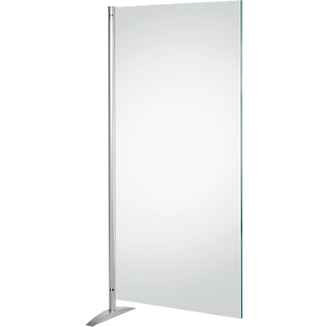 Eine transparente, rechteckige Trennwand mit silberfarbenem Rahmen und Standfuß.