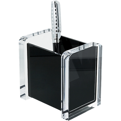 Black acrylic pen holder with a pen.