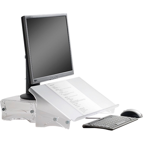 Monitor with stand, a document holder, keyboard, and mouse.