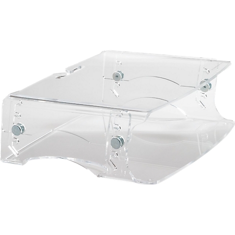 Transparent plastic holder with metal screws. Angular shape, curved edges, holder for objects.