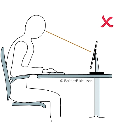 Sketch of a person sitting at a desk, tilting their head up to the screen. A red X indicates incorrect posture.