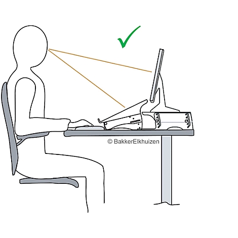 Illustration of the correct posture at the workplace: viewing angle to the screen, green tick, office chair, table with monitor and keyboard.