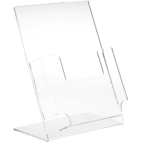 A clear acrylic brochure holder stands upright. It has an angled section for brochures and a perpendicular base.