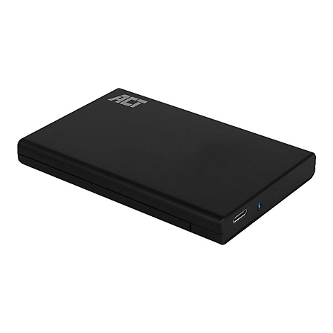 Schwarze externe Festplatte mit ACT-Logo und USB-Anschluss vor weißem Hintergrund.