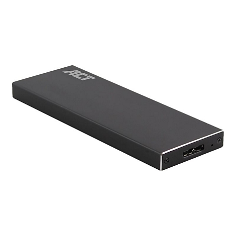 Flache, schwarze externe SSD-Festplatte mit ACT-Logo und USB-Anschluss vor weißem Hintergrund.
