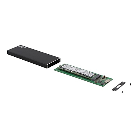 Externes SSD-Gehäuse in Schwarz mit entnommener Speicherplatine, Montageplatte und kleinen Schrauben.