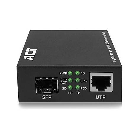 Schwarzer Gigabit Ethernet Medienkonverter von ACT mit SFP- und UTP-Anschluss sowie Status-LEDs.