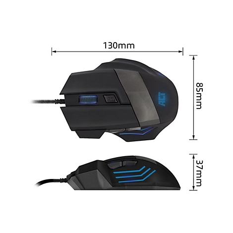 Schwarze Gaming-Maus mit blauer Beleuchtung, Draufsicht und Seitenansicht mit Bemaßung in Millimeter.