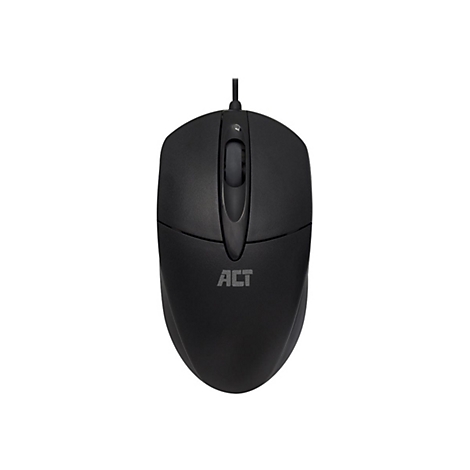 Schwarze kabelgebundene Computermaus mit ACT-Logo und Scrollrad vor weißem Hintergrund.