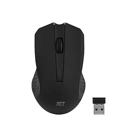 Schwarze kabellose Computermaus mit USB-Empfänger auf weißem Hintergrund.