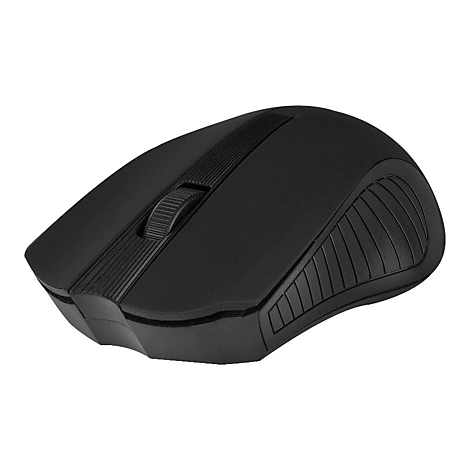Schwarze kabellose Computermaus in ergonomischer Form mit einem mittigen Mausrad vor weißem Hintergrund.
