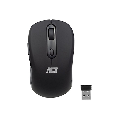 Schwarze kabellose Computermaus der Marke ACT mit Scrollrad und USB-Empfänger auf weißem Hintergrund.