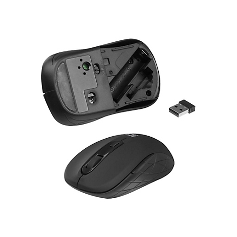 Draufsicht und Unterseite einer schwarzen kabellosen Computermaus mit abgenommenem Batteriefachdeckel und USB-Empfänger.