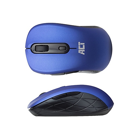 Draufsicht und Seitenansicht einer blauen, ergonomischen Funkmaus mit schwarzem Mausrad und ACT-Logo.