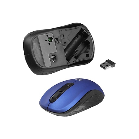 Drahtlose blaue Computermaus von oben und unten mit USB-Empfänger auf weißem Grund.