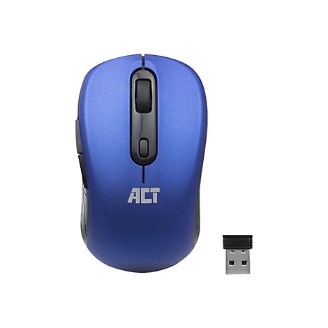 Drahtlose blaue Computermaus mit schwarzem Scrollrad und ACT-Logo sowie kleinem USB-Empfänger.
