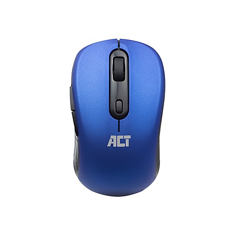 Draufsicht auf eine blaue ACT Computer-Maus mit schwarzem Scrollrad und Logo auf weißem Hintergrund.