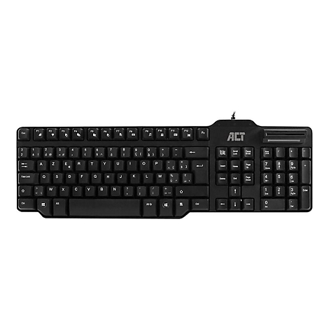 Schwarze AZERTY-Tastatur von ACT mit integriertem Chipkartenleser auf weißem Hintergrund.