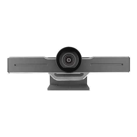 Graue Webcam mit zentralem Kameraobjektiv auf einem Standfuß vor weißem Hintergrund.