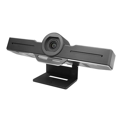 Schwarze Webkamera mit mittigem Objektiv auf einem stabilen Standfuß vor weißem Hintergrund.