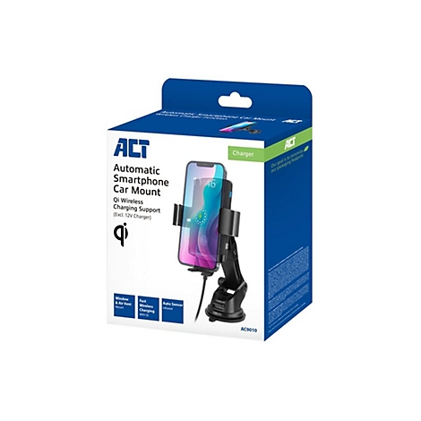 Produktverpackung eines ACT automatischen Smartphone-Auto-Halters mit Qi-Wireless-Ladefunktion.