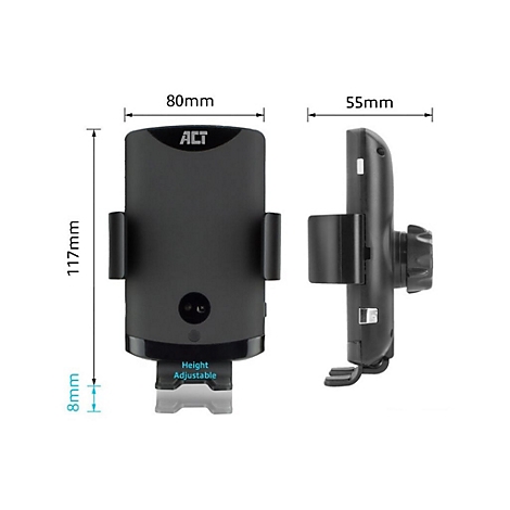 Schwarze Smartphone-Halterung von vorne und der Seite mit Maßangaben in mm und Höhenverstellung.