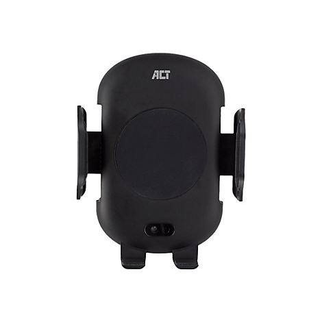 Schwarze, automatische Smartphone-Halterung für das Auto mit ACT-Logo.