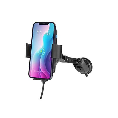 Smartphone in einer schwarzen Kfz-Halterung mit kabelloser Ladefunktion vor weißem Hintergrund.