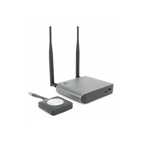 Graue Basisstation mit zwei Antennen und ein flacher, quadratischer Presenter-Button mit USB-C-Stecker.