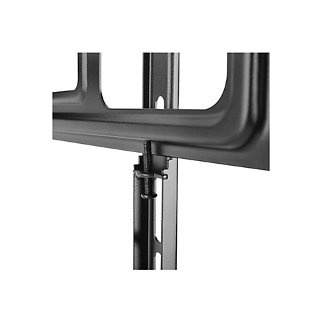 Nahaufnahme einer schwarzen TV-Wandhalterung mit Justierschraube vor weißem Hintergrund.