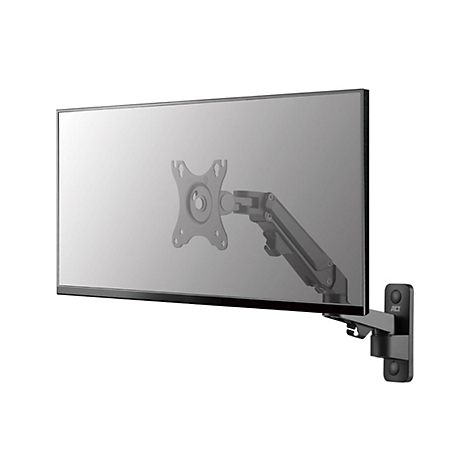 Schwarze Wandhalterung für Monitore mit schwenkbarem Arm, seitlich an einem Monitor montiert.