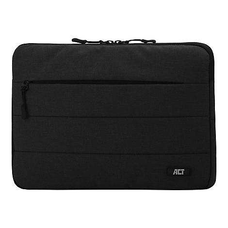 Schwarze Laptoptasche mit Reißverschluss und ACT-Logo auf neutralem Hintergrund.