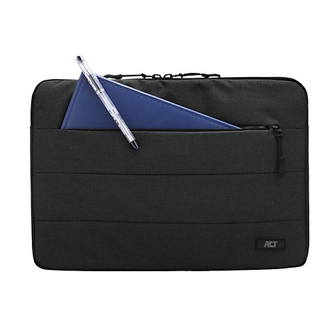 Schwarze Laptoptasche mit Frontfach, in dem ein blaues Notizbuch und ein Kugelschreiber stecken.