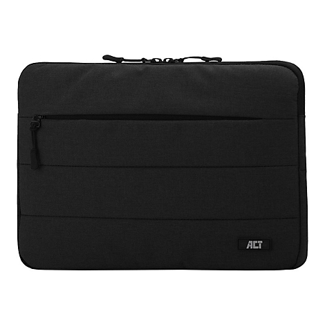Schwarze Laptoptasche mit Reißverschluss und ACT-Logo auf weißem Hintergrund.