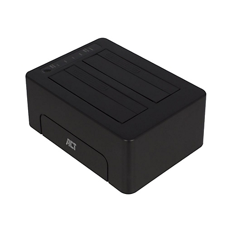 Schwarze Dockingstation für zwei Festplatten vor weißem Hintergrund mit ACT-Logo und Status-LEDs.