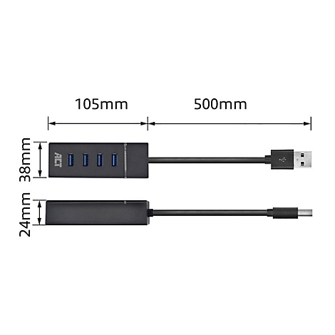 Technisches Diagramm eines USB-Hubs mit Maßangaben für Länge und Breite sowie Kabel.