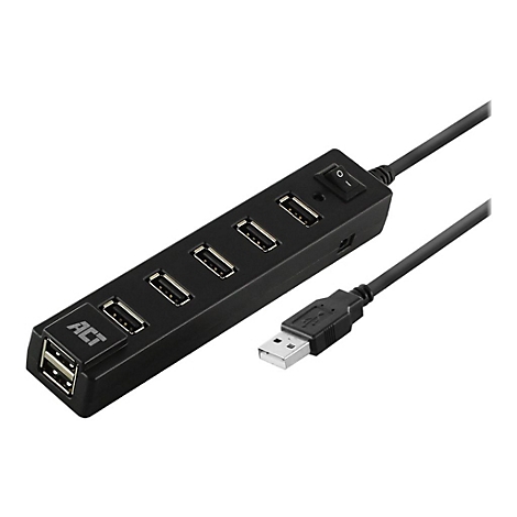 Schwarzer 7-Port USB-Hub von ACT mit einzelnen Schaltern für jeden Anschluss vor weißem Hintergrund.