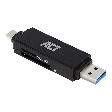 Schwarzer ACT USB-Kartenleser mit USB-A und USB-C Anschluss vor weißem Hintergrund.