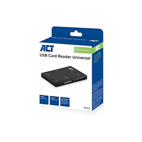 Produktverpackung eines schwarzen ACT USB Card Readers vor weißem Hintergrund.