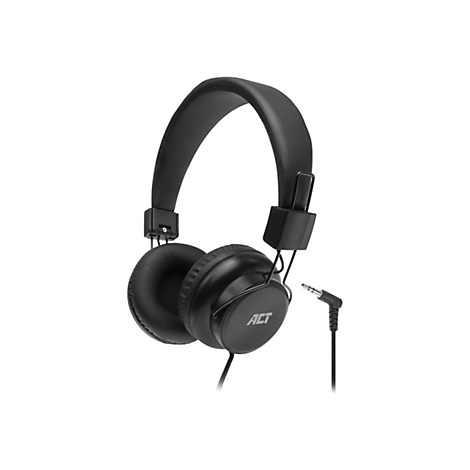 Schwarze, kabelgebundene Over-Ear-Kopfhörer mit dem Logo ACT auf der Ohrmuschel und einem abgewinkelten Klinkenstecker.