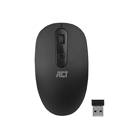 Schwarze kabellose Computermaus mit ACT Logo und zugehörigem USB-Empfänger auf weißem Hintergrund.