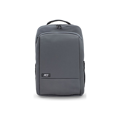 Grauer, schlichter Rucksack mit 'ACT'-Logo auf einer schwarzen Applikation vor hellem Hintergrund.