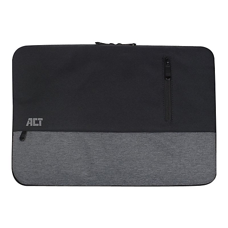 Flache, zweifarbige Laptop-Tasche in Schwarz und Grau mit Reißverschlussfach und ACT-Logo auf neutralem Hintergrund.